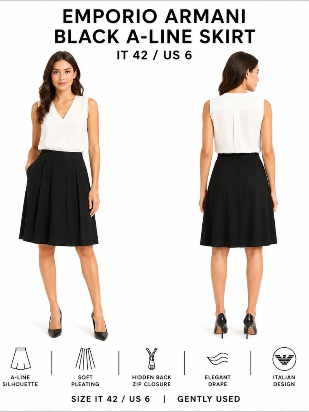 EMPORIO ARMANI BLACK A-LINE SKIRT IT 42 / US 6